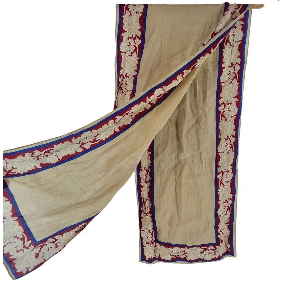 Vintage Tan Swiss Dot Jacquard Silk Scarf Floral Border Red Blue Rectangle 45